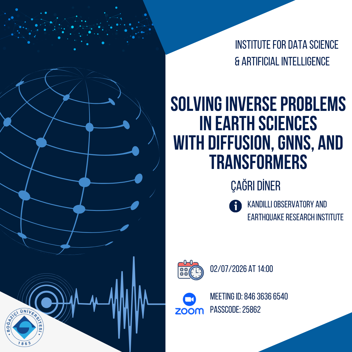 Poster for the talk Solving Inverse Problems in Earth Sciences with Diffusion, GNNs, and Transformers